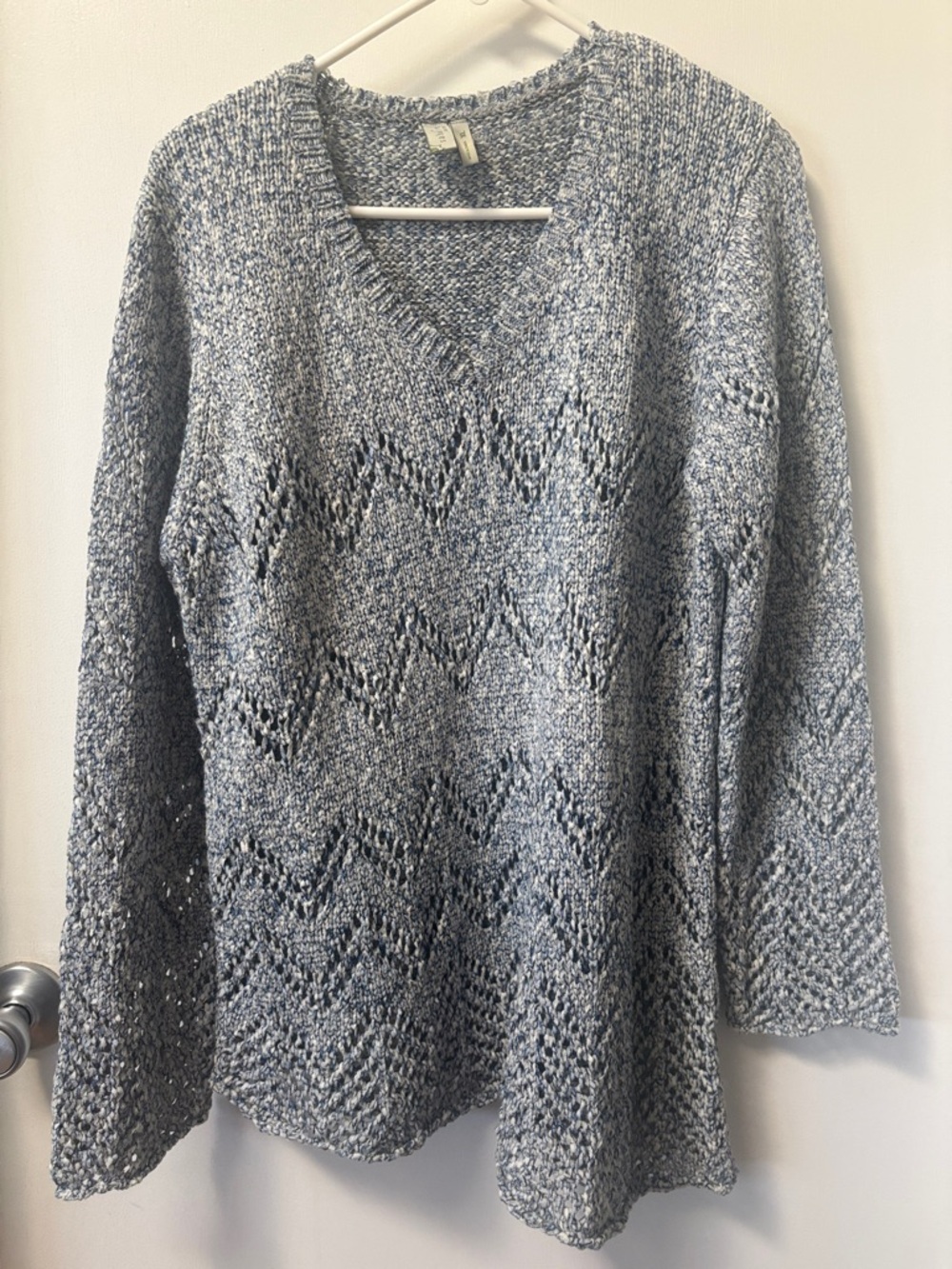 Sahalie Light Blue Marled V-Neck Openwork Knit Sweater